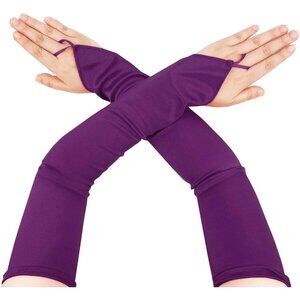Women's Fingerless Purple Long Satin Fabric Gloves Stretchy Elbow Length Gloves
